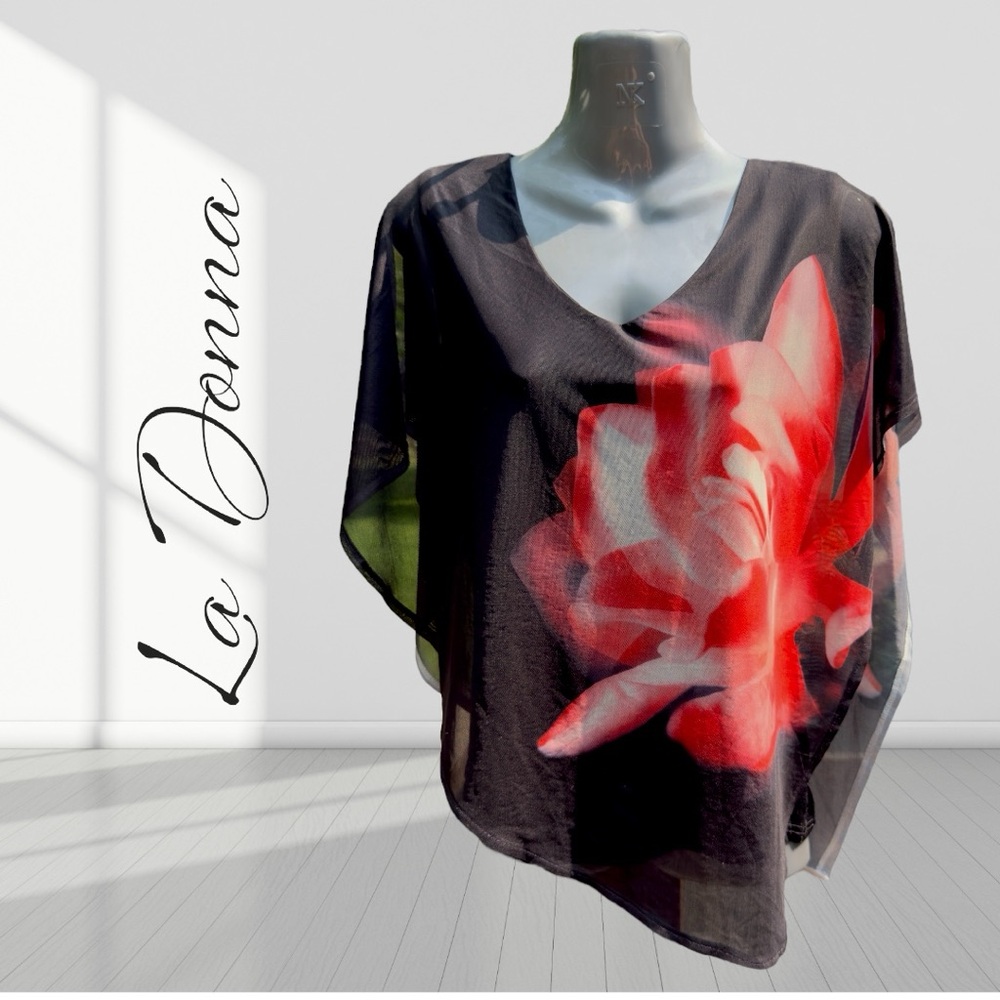 la Donna Médium Black Blouse with Red Floral Accent